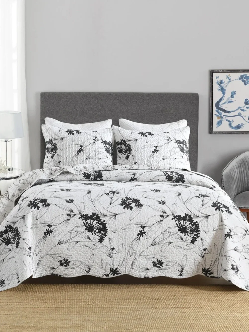 3 PIECE POLYESTER BLACK AND WHITE BOTANICAL FLORAL QUILT BEDSPREAD SET